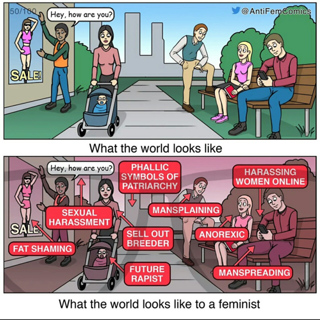 A picture of ordinary people outside on a normal day, and each person is being assigned a nefarious intention according to the feminist narrative